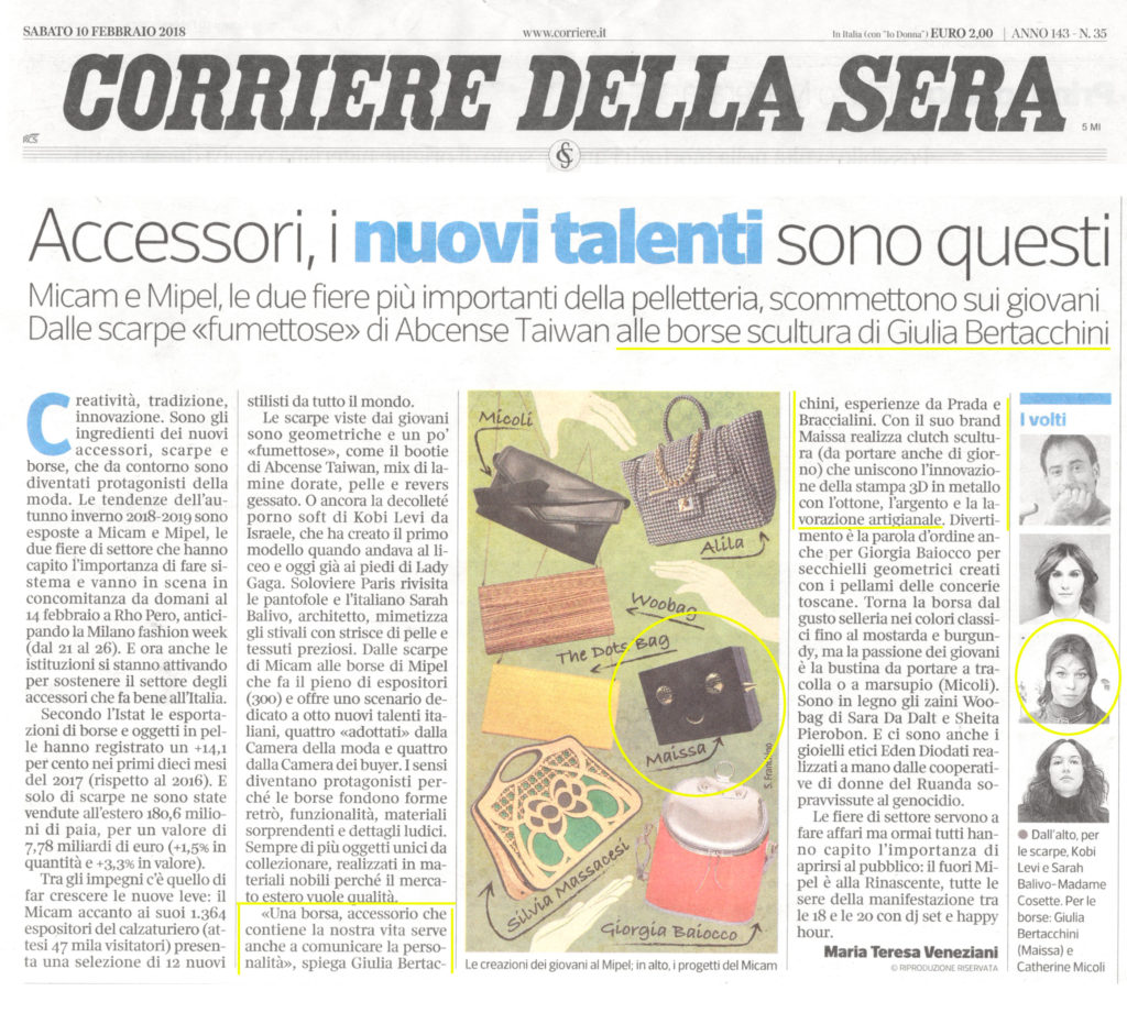 Press Corriere della Sera February 2018 Maissa Giulia Ber Tacchini Italian Jewels and Luxury